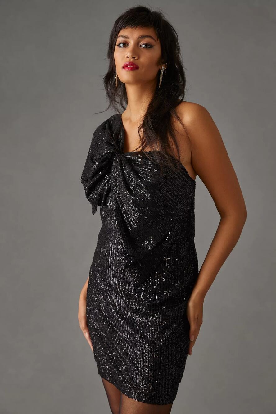 NWT Anthropologie Let Me Be One-Shoulder Mini Dress SEQUINED $180 X-SMALL Black